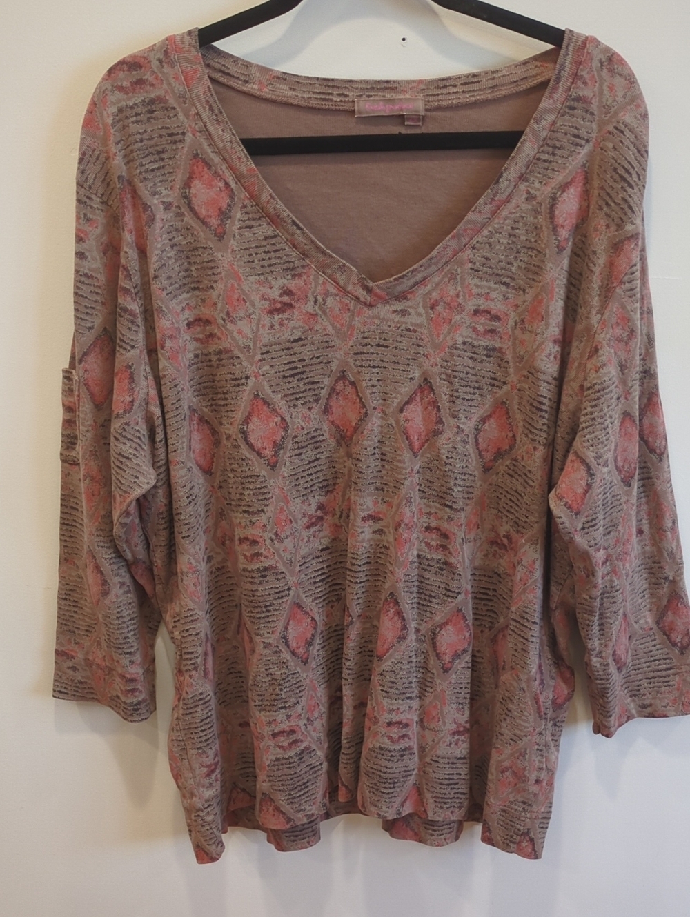 Tribal Southwestern Boho Cotton Fresh Produce Pink Brown Tan V Neck Top 2XL